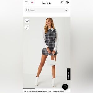 NWT Lulu’s Uptown Charm Navy blue plaid tweed skort romper